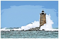 Huge Waves Crashing Around Lighthouse Tower - Digital Painting